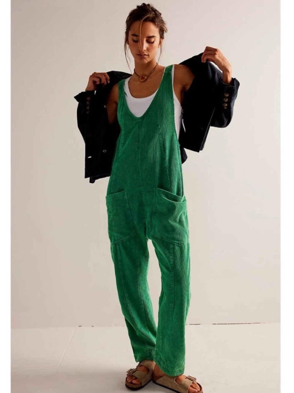 Free People High Roller Cord Jumpsuit Onesie Corduroy We The Free Green Sz M